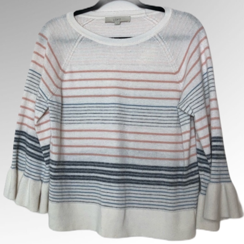 LOFT Pink/Cream/Blue Sweater Ruffle Sleeve Size XS